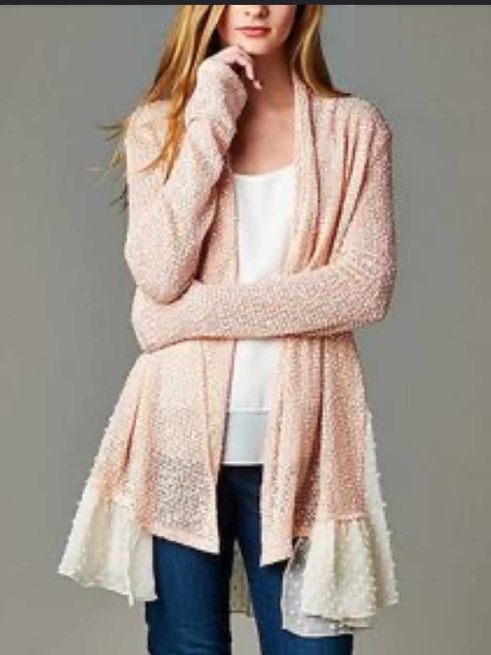 JODIFL Blush Pink Crochet Open-Front Cardigan with Cream Sheer Hem